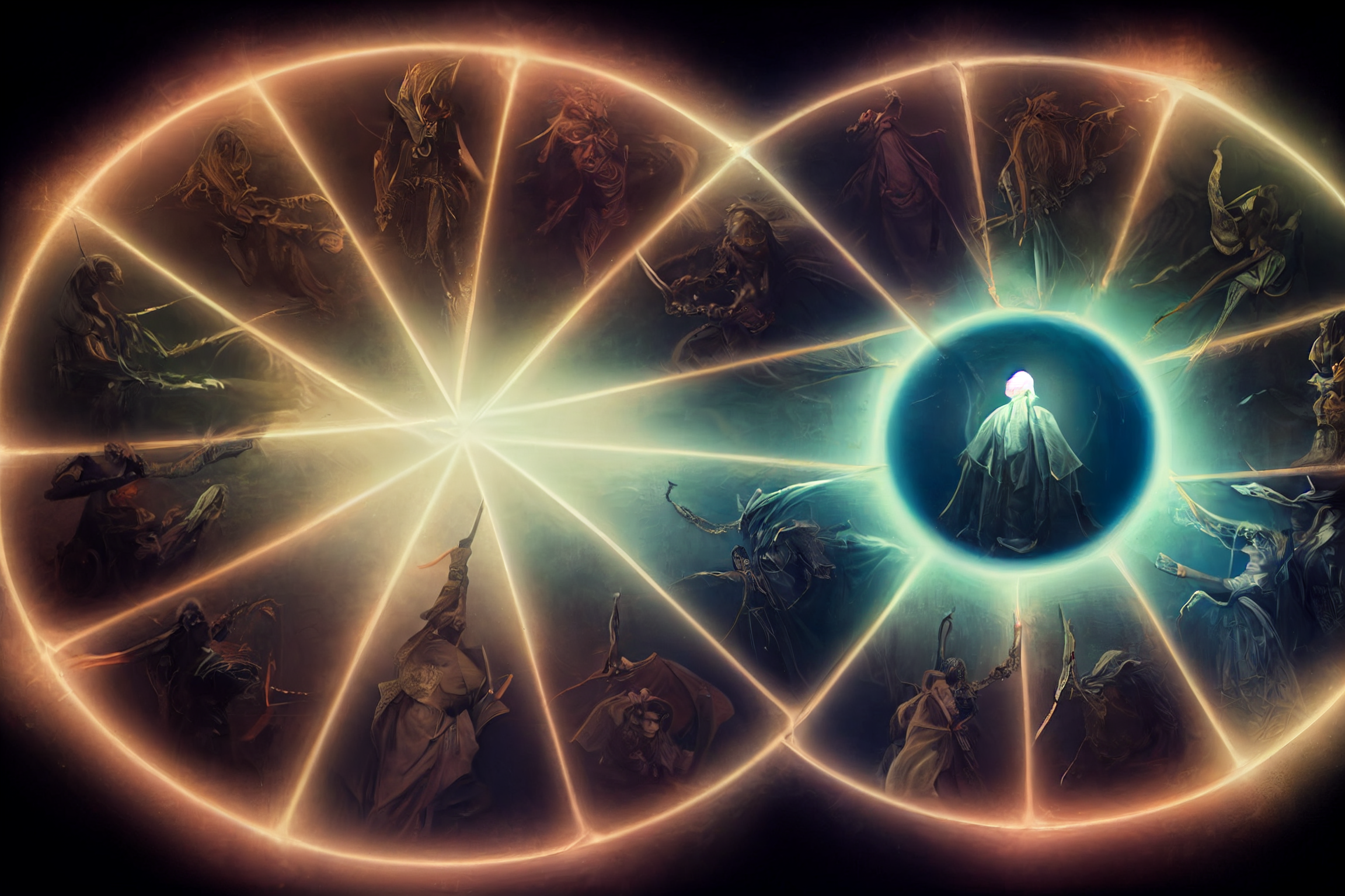 A group of fantasy characters in two overlapping circles divided into even partitioned slices all reaching towards the center with a glowing figure in the center of the right circle