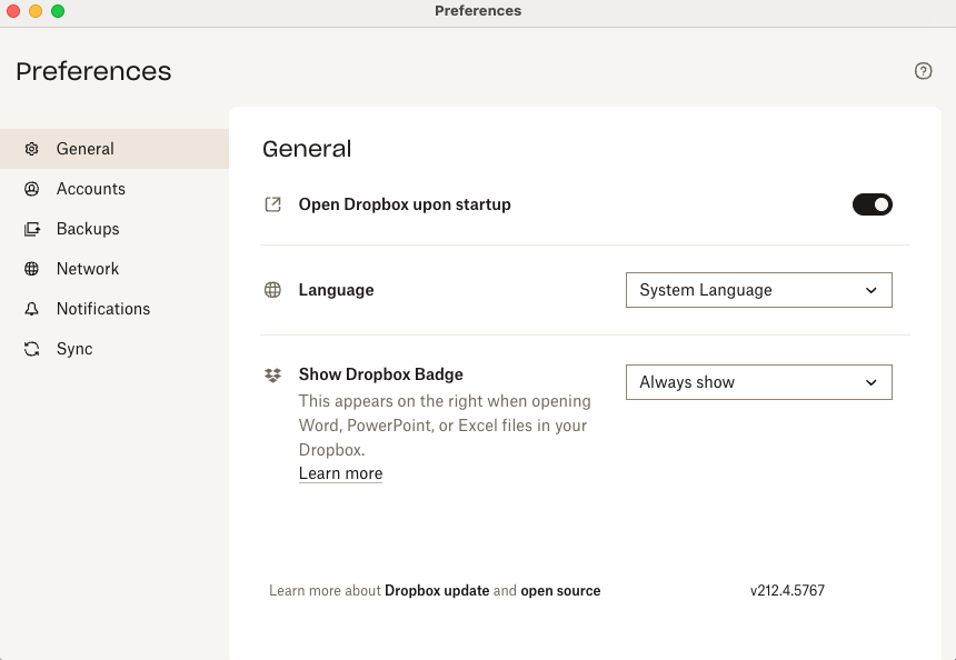Dropbox Preferences