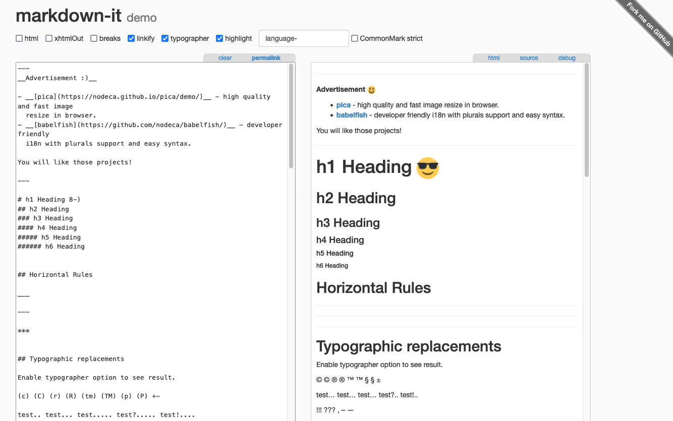 Screenshot of the Markdown-It test page